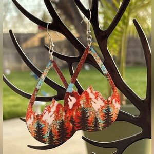 Painted mountain wooden earrings large trees nature lover retro tear drop